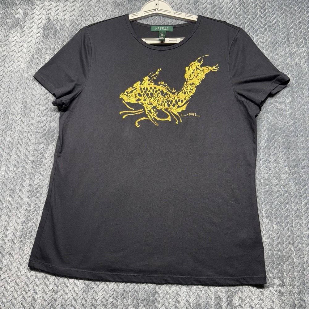 Y2K Ralph Lauren Fish Shirt Women's L Black Dragon Koi Green Label Short Sleeve